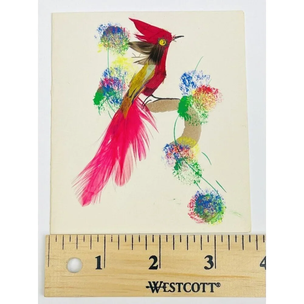 VTG 1950s FOLK ART Notecard & Envelope BIRD w/ Real Feathers HANDMADE in Mexico